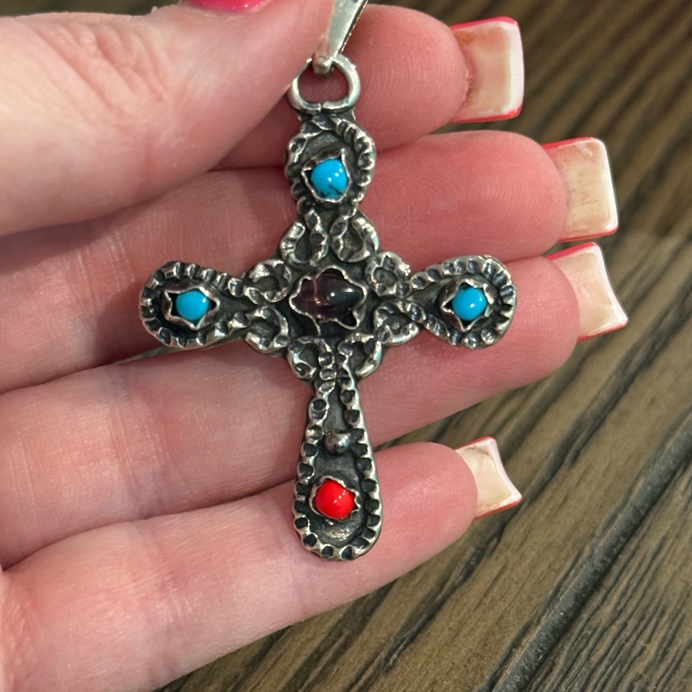 Sterling Silver Cross Pendant with Turquoise, Amethyst and Red Coral stones